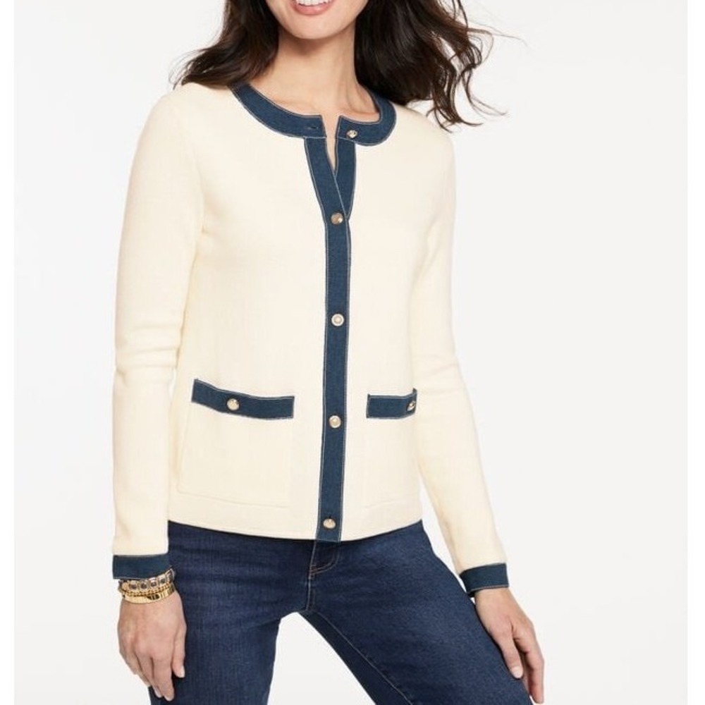 Talbots Denim Trim Cardigan Sweater Womens Small Cream Gold Buttons Patch Pocket